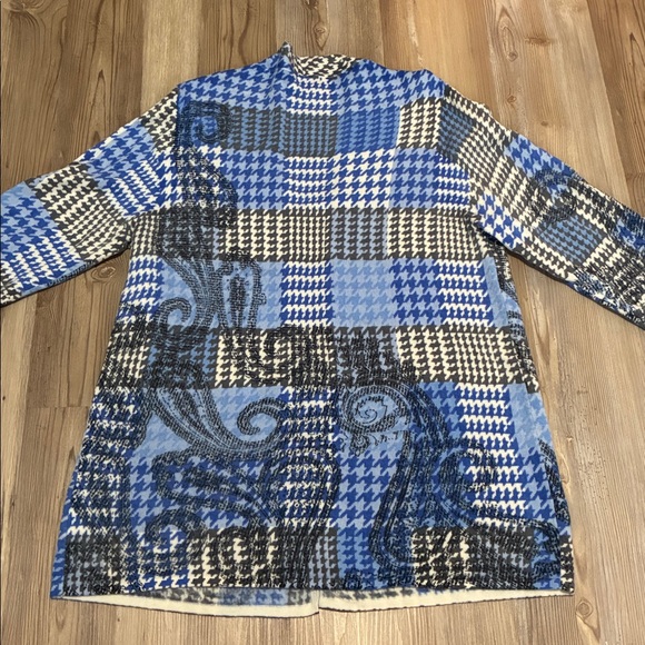 Talbots Merino Wool Open Front Cardigan Blue Gray Hounds Tooth Paisley Womens XL - Picture 8 of 9